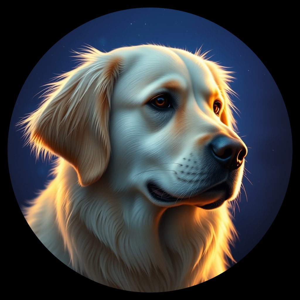 Cosmic medallion portrait of GRLS_grlsIY49NKWW, a Golden Retriever