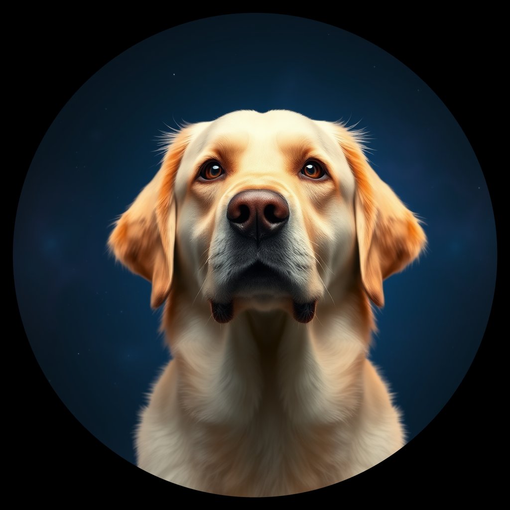Cosmic medallion portrait of GRLS_grlsIZERCUKK, a Golden Retriever