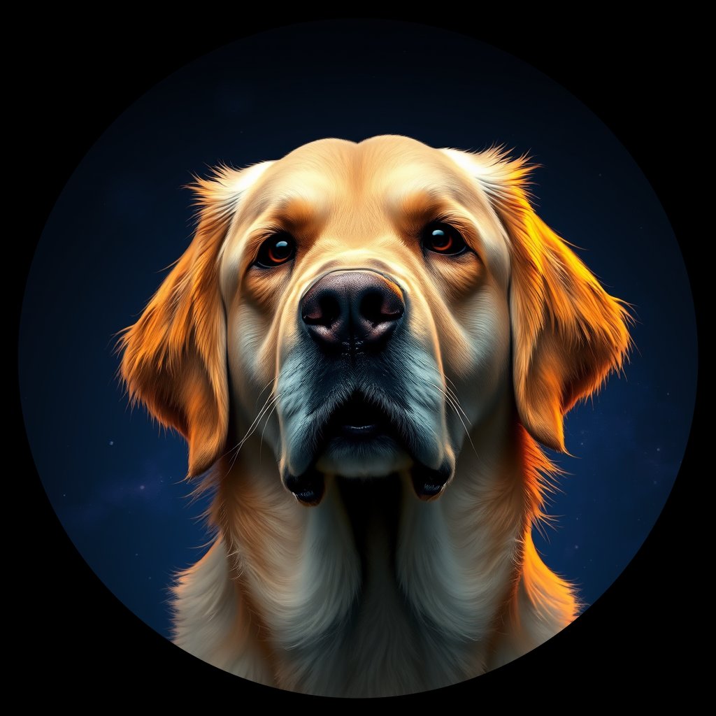 Cosmic medallion portrait of GRLS_grlsJ04CMUEE, a Golden Retriever