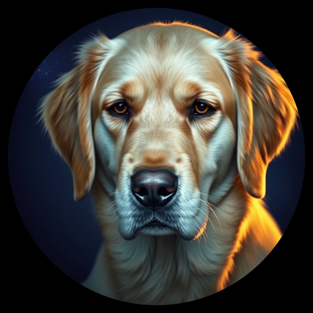 Cosmic medallion portrait of GRLS_grlsJ1FE9FEE, a Golden Retriever