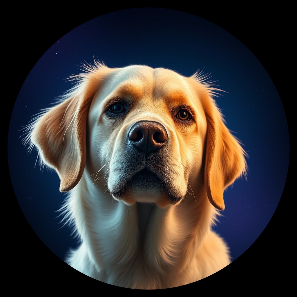 Cosmic medallion portrait of GRLS_grlsJ2G2QC33, a Golden Retriever