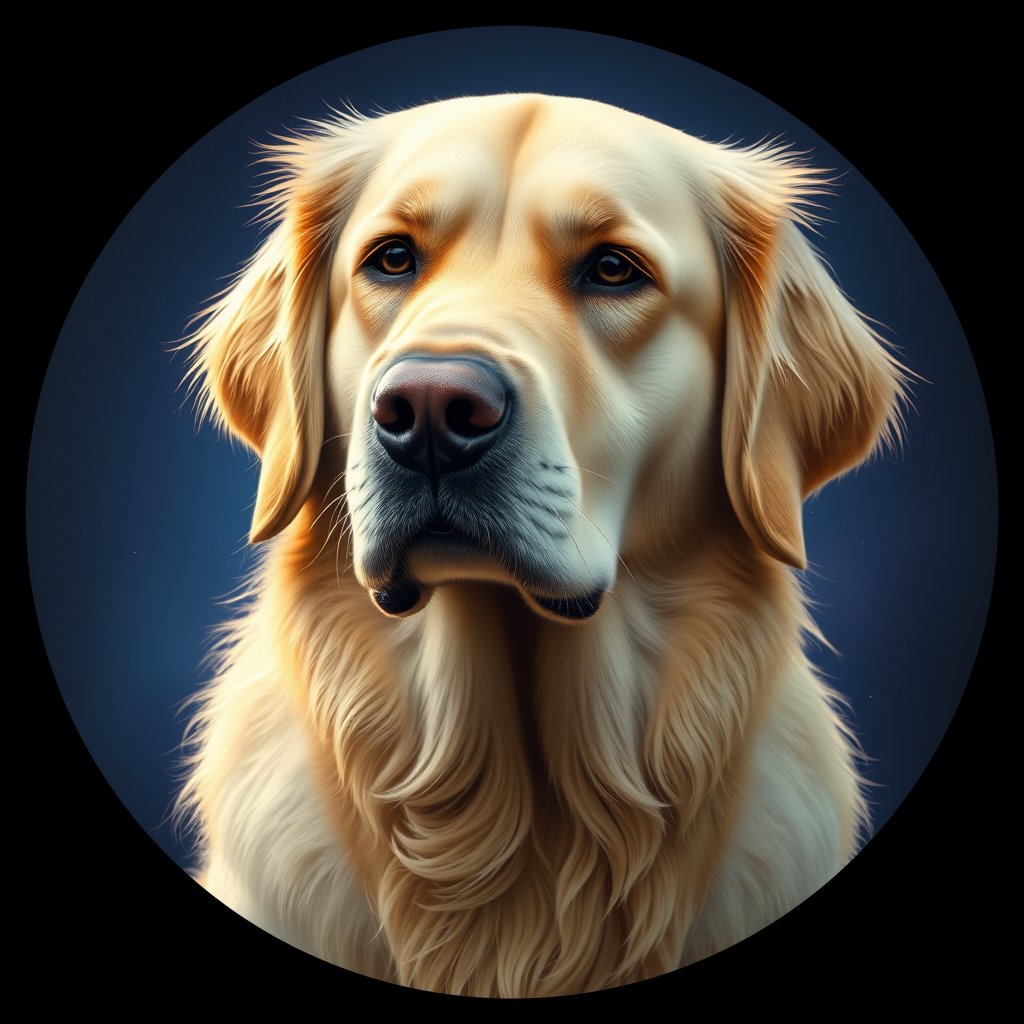Cosmic medallion portrait of GRLS_grlsJ2SZ35II, a Golden Retriever