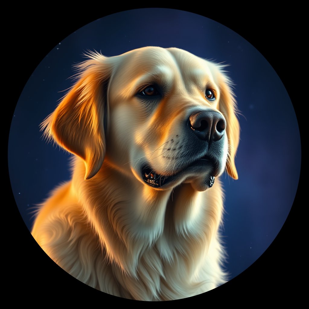 Cosmic medallion portrait of GRLS_grlsJ3HY17KK, a Golden Retriever