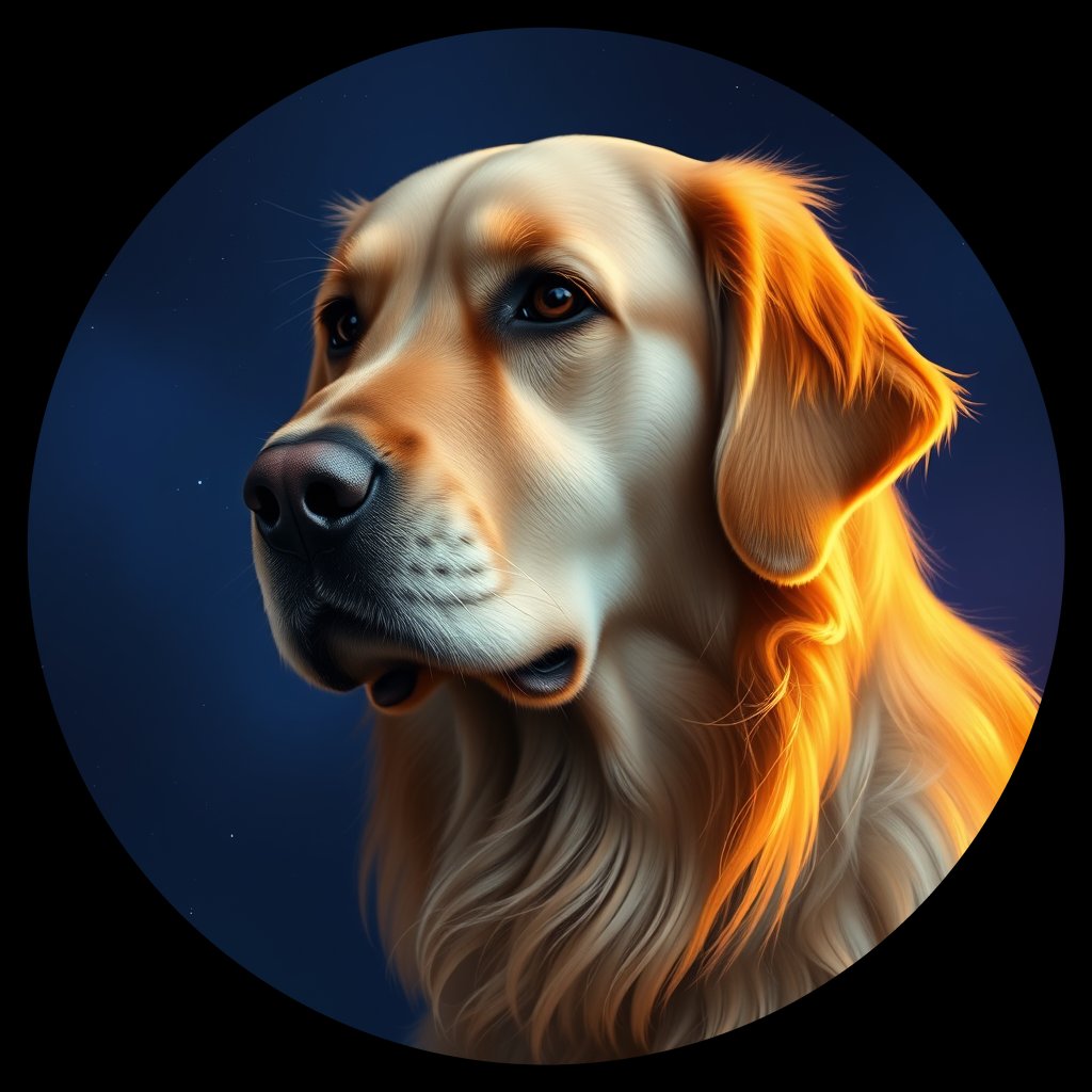 Cosmic medallion portrait of GRLS_grlsJ4D4L, a Golden Retriever