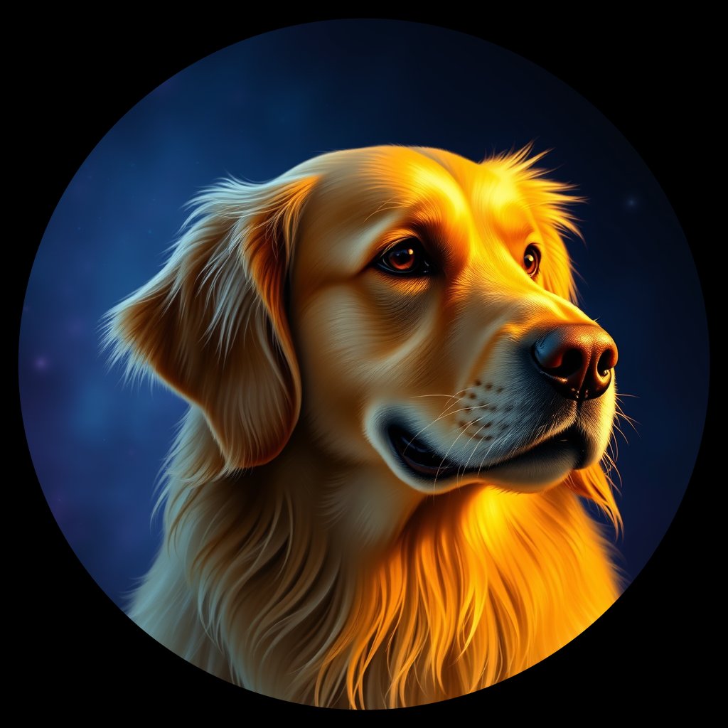 Cosmic medallion portrait of GRLS_grlsJ4FI48NN, a Golden Retriever