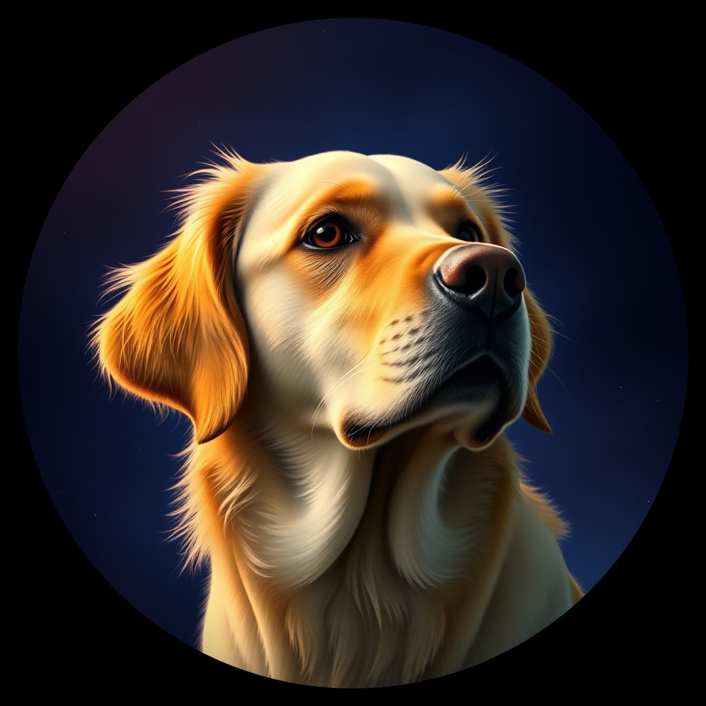 Cosmic medallion portrait of GRLS_grlsJ4UVD6FF, a Golden Retriever