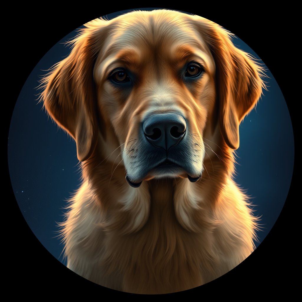 Cosmic medallion portrait of GRLS_grlsJ66SW4UU, a Golden Retriever