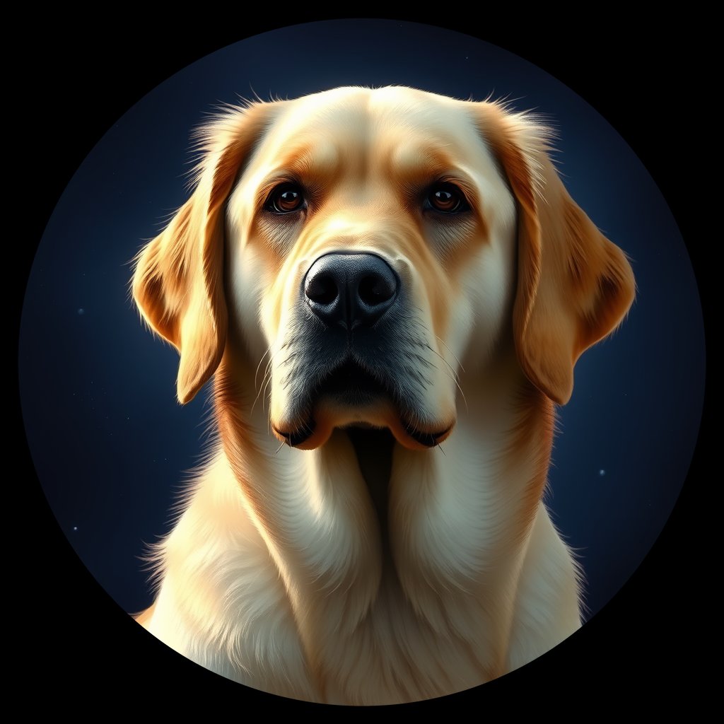 Cosmic medallion portrait of GRLS_grlsJ6GZXBKK, a Golden Retriever