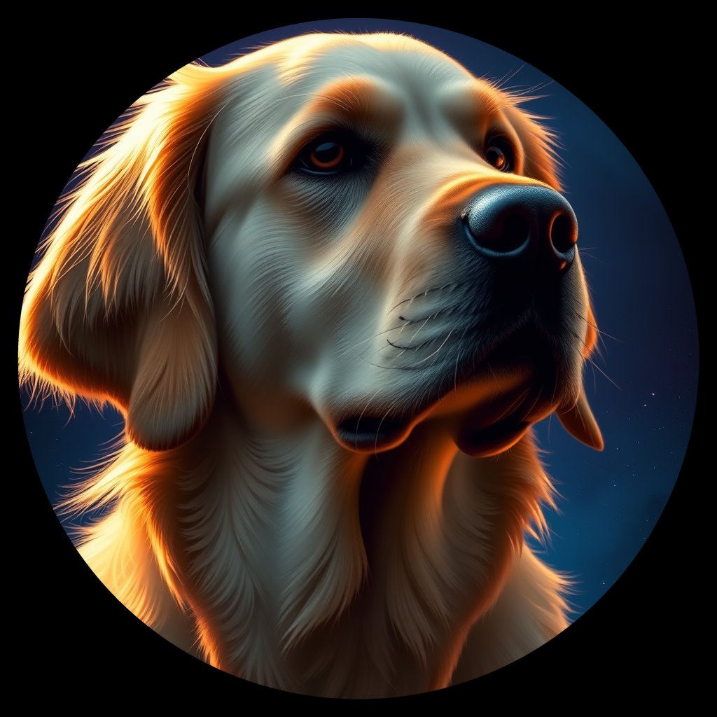 Cosmic medallion portrait of GRLS_grlsJ7BVMRZZ, a Golden Retriever