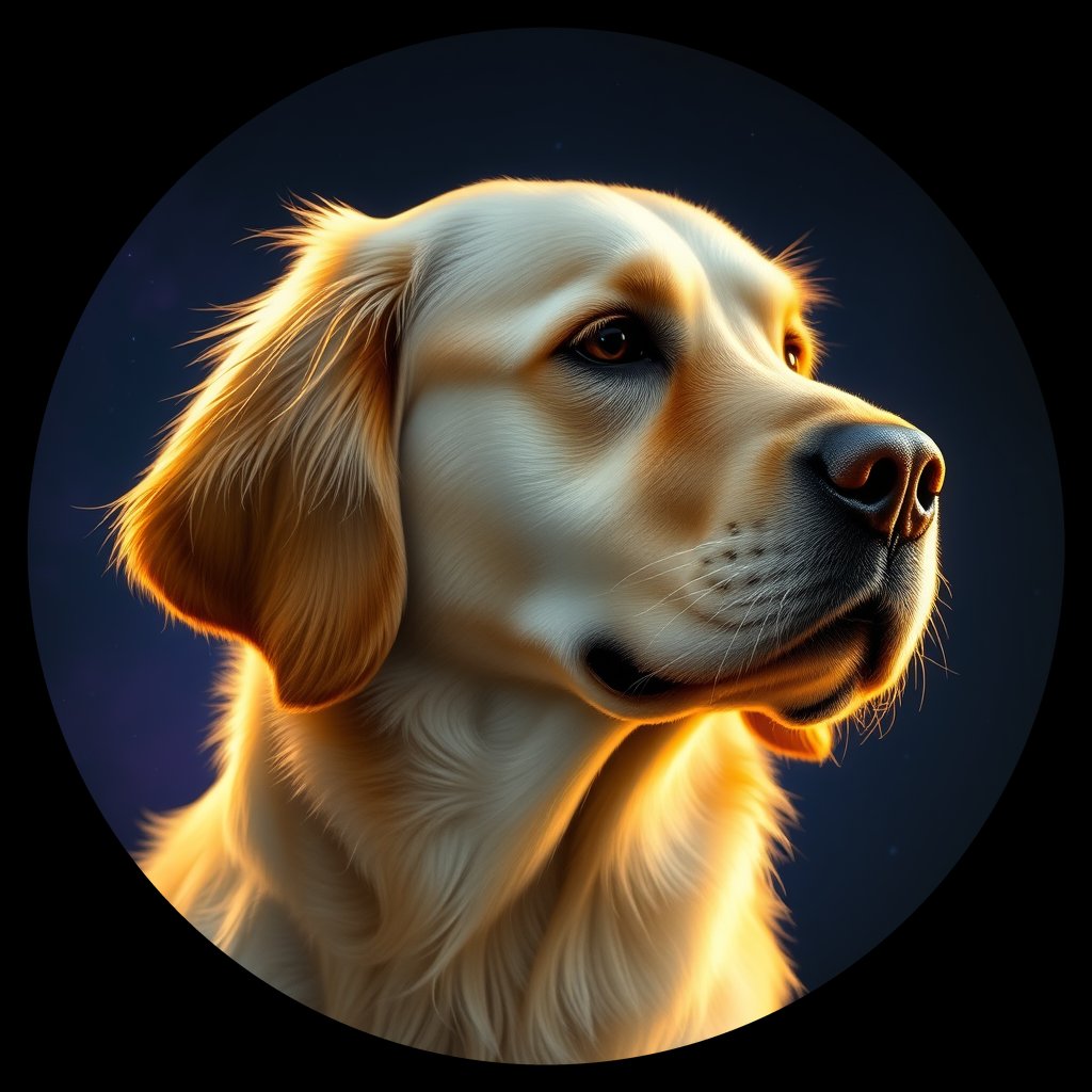 Cosmic medallion portrait of GRLS_grlsJ7SC5A44, a Golden Retriever