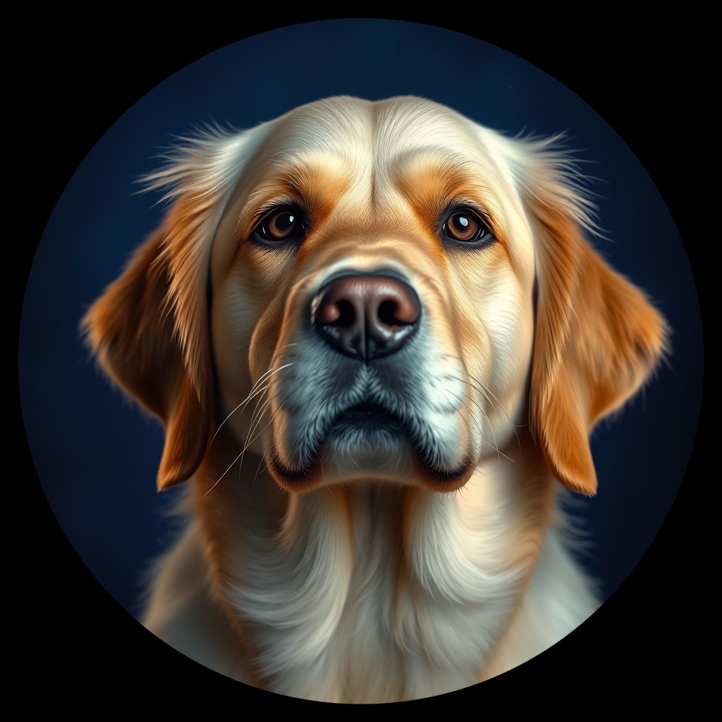 Cosmic medallion portrait of GRLS_grlsJ8GW5GBB, a Golden Retriever