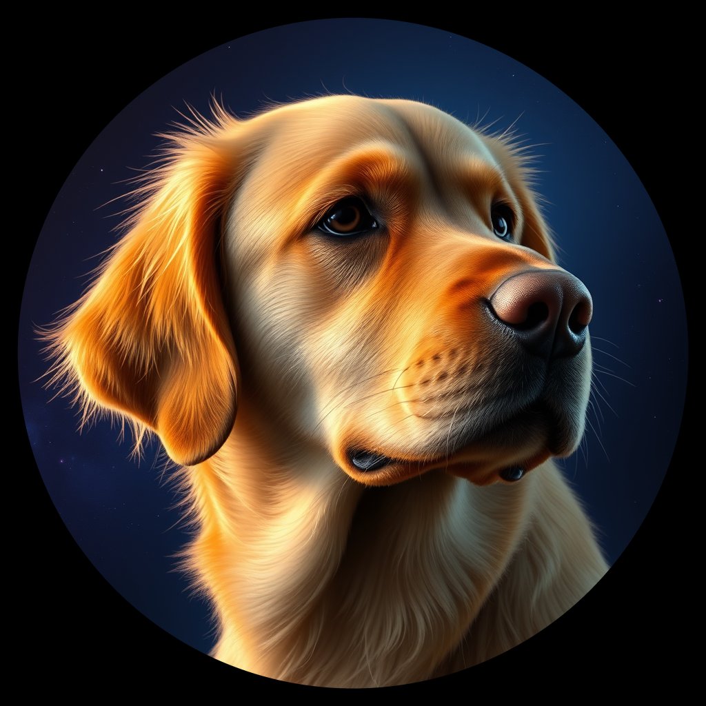 Cosmic medallion portrait of GRLS_grlsJ9D617PP, a Golden Retriever