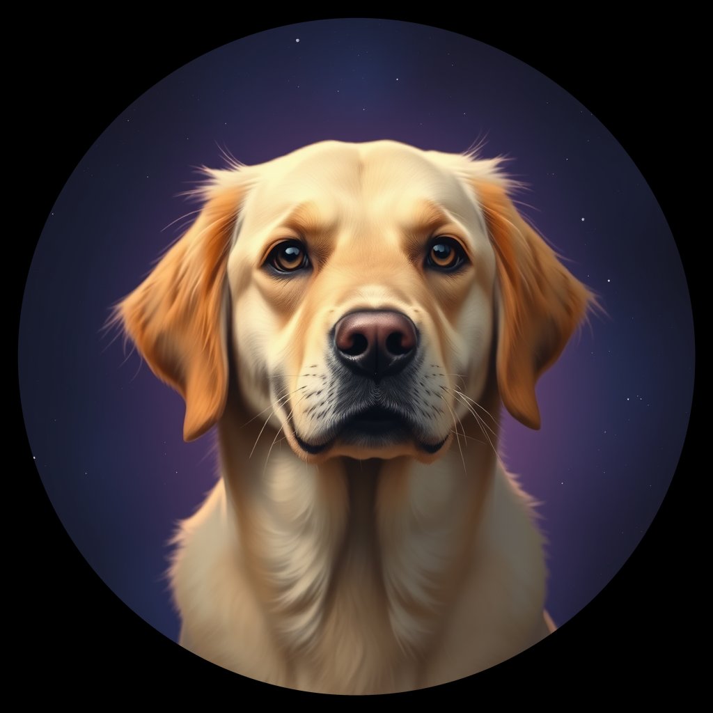 Cosmic medallion portrait of GRLS_grlsJ9NRL355, a Golden Retriever