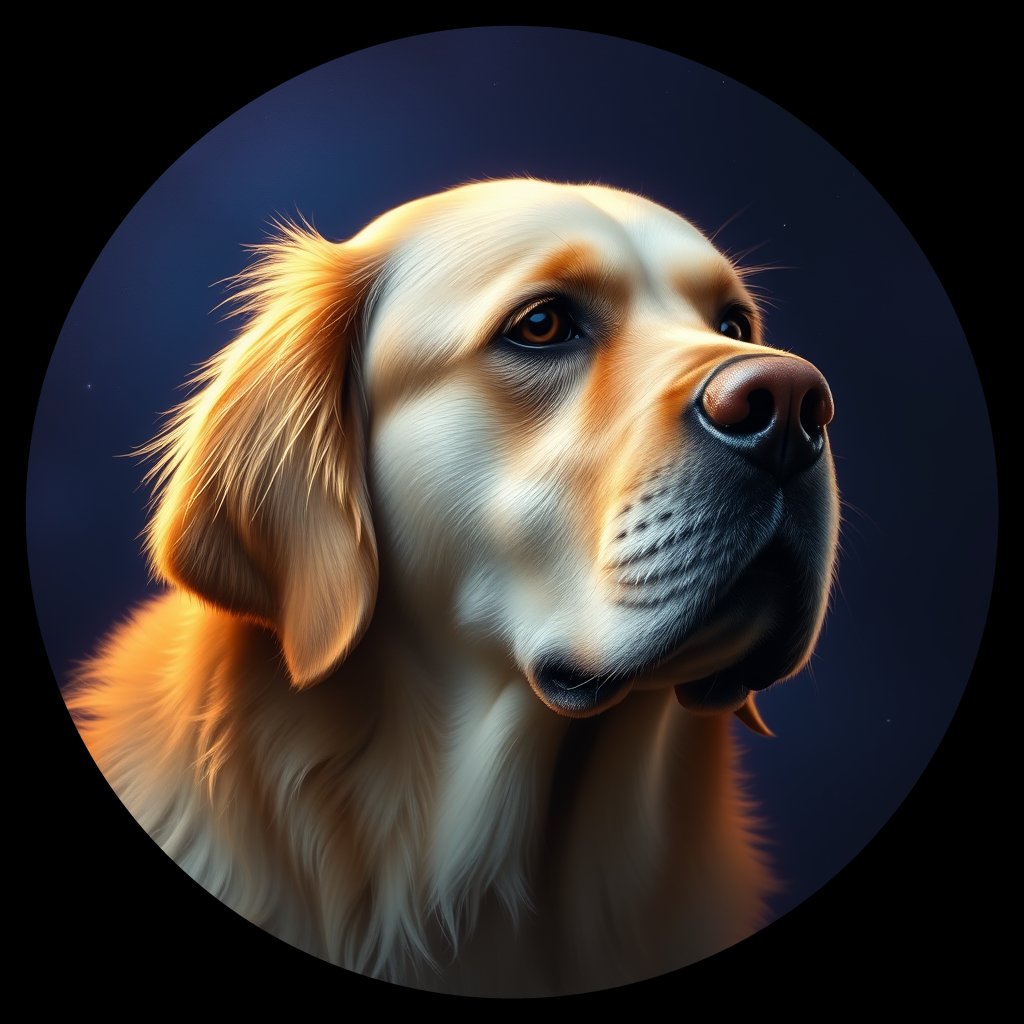 Cosmic medallion portrait of GRLS_grlsJAURBDHH, a Golden Retriever