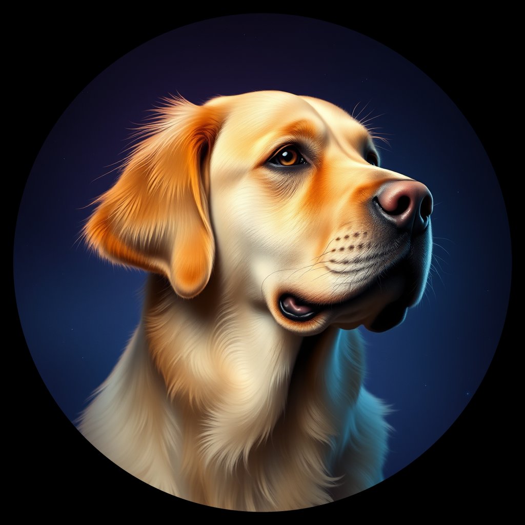 Cosmic medallion portrait of GRLS_grlsJCG0D1XX, a Golden Retriever