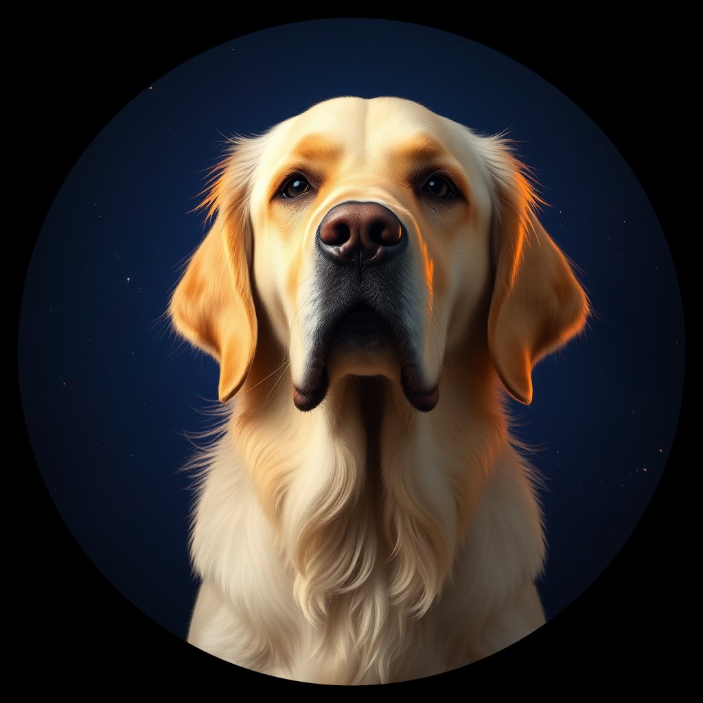 Cosmic medallion portrait of GRLS_grlsJG3L2CMM, a Golden Retriever