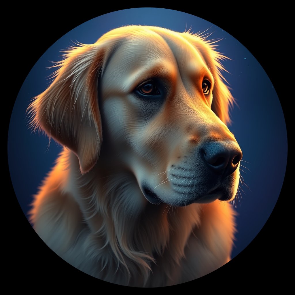 Cosmic medallion portrait of GRLS_grlsJGLJZ366, a Golden Retriever