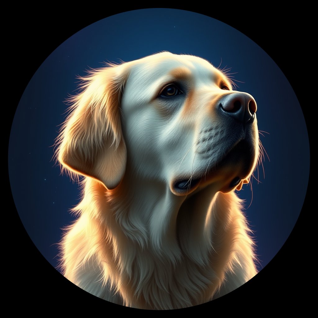 Cosmic medallion portrait of GRLS_grlsJGWHBXMM, a Golden Retriever
