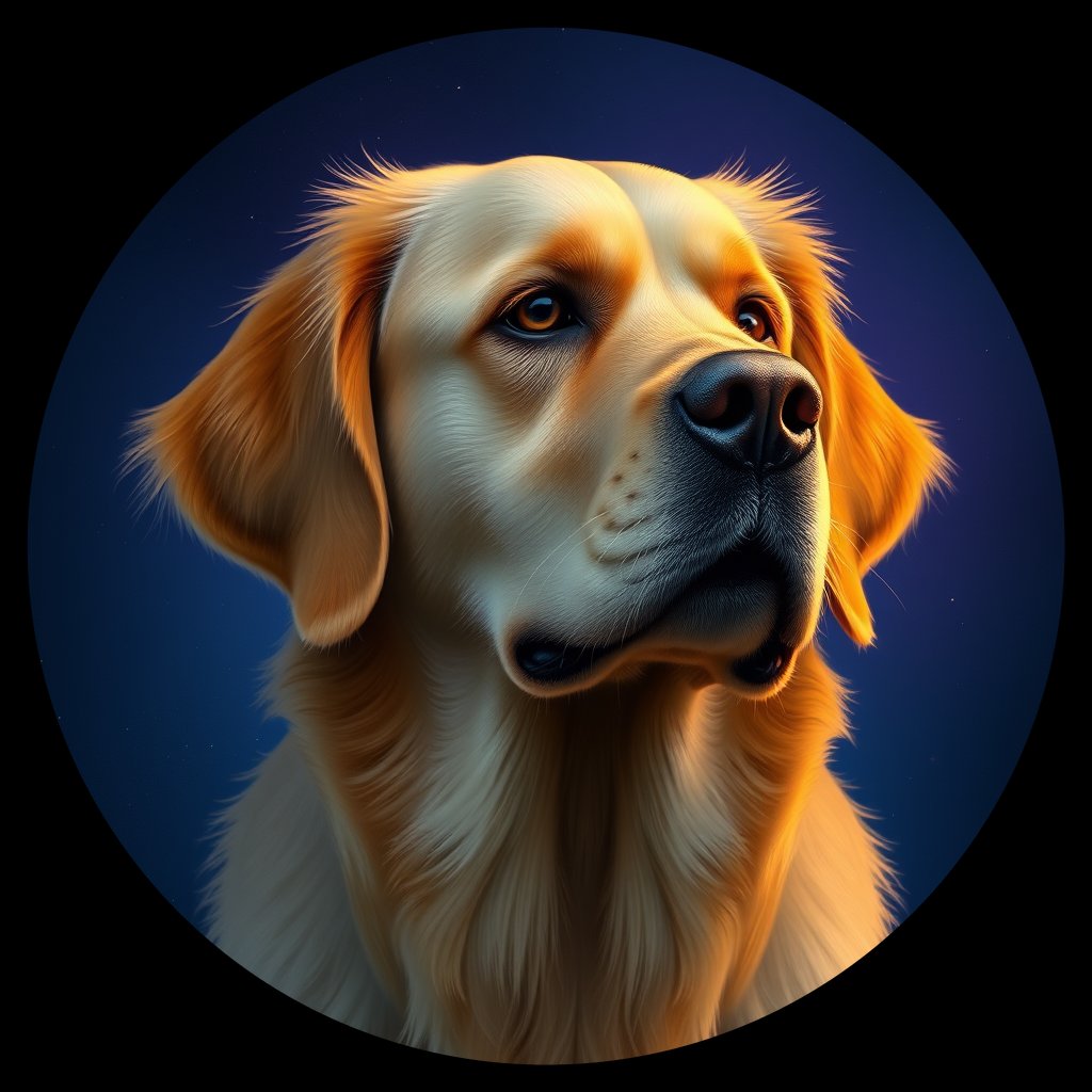 Cosmic medallion portrait of GRLS_grlsJLU8ABKK, a Golden Retriever