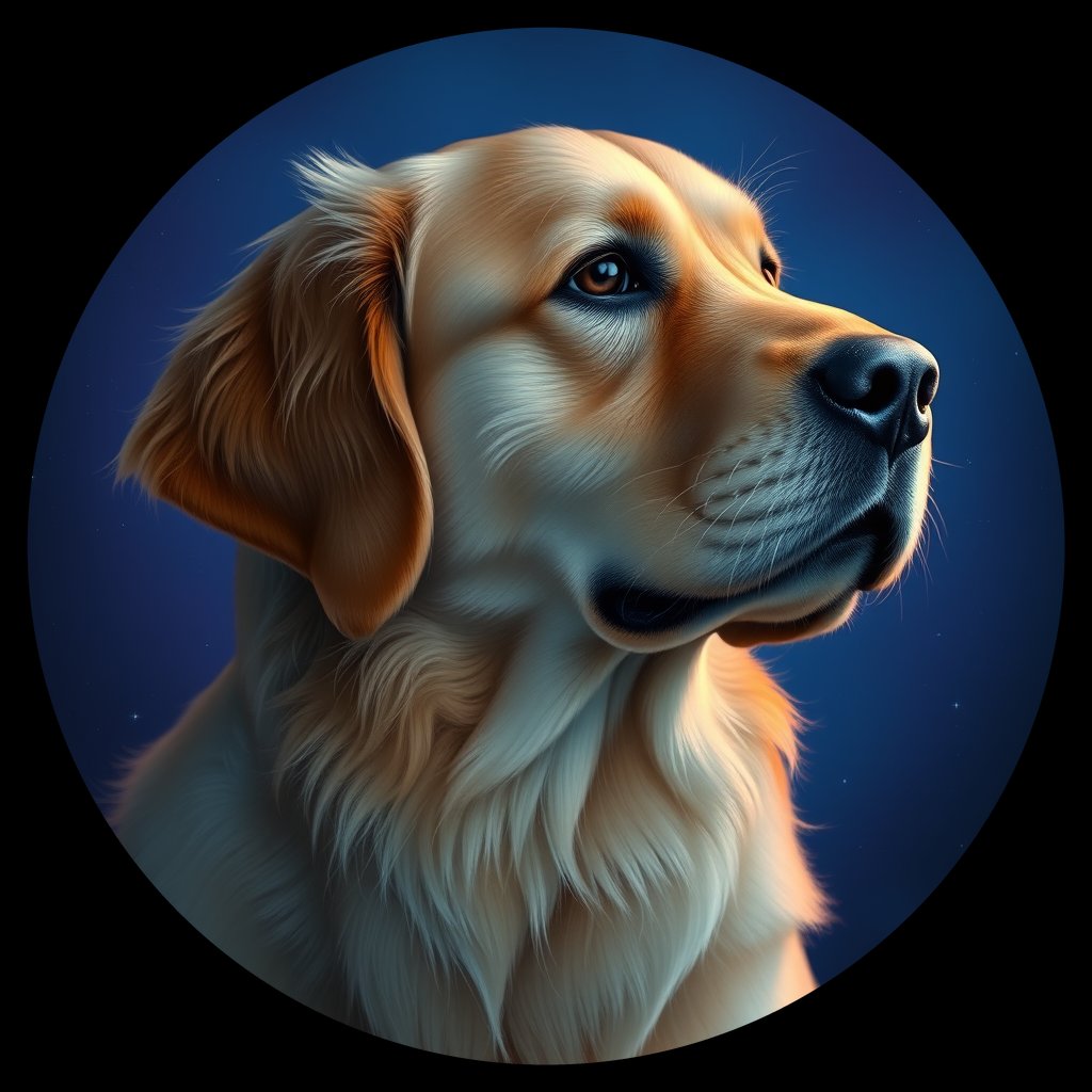 Cosmic medallion portrait of GRLS_grlsJLX9E5CC, a Golden Retriever