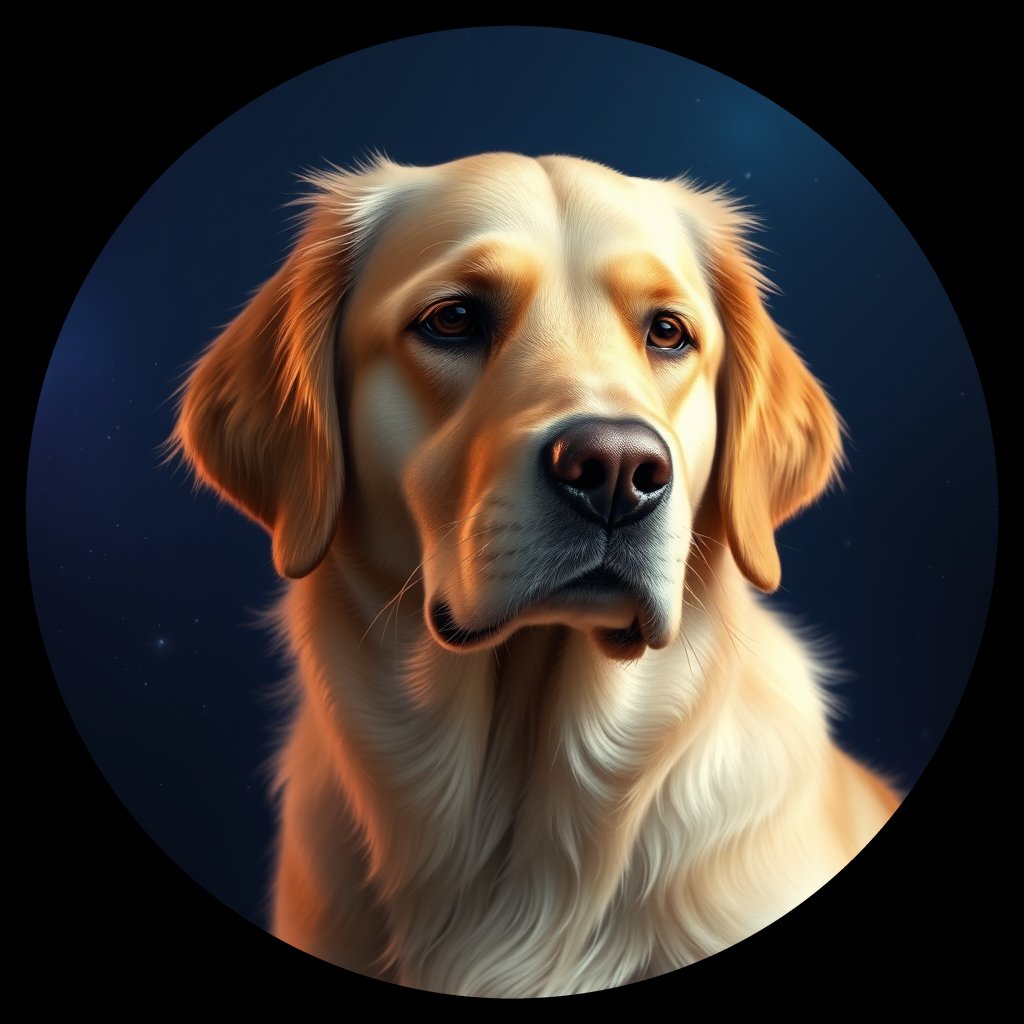 Cosmic medallion portrait of GRLS_grlsJQIU7SQQ, a Golden Retriever