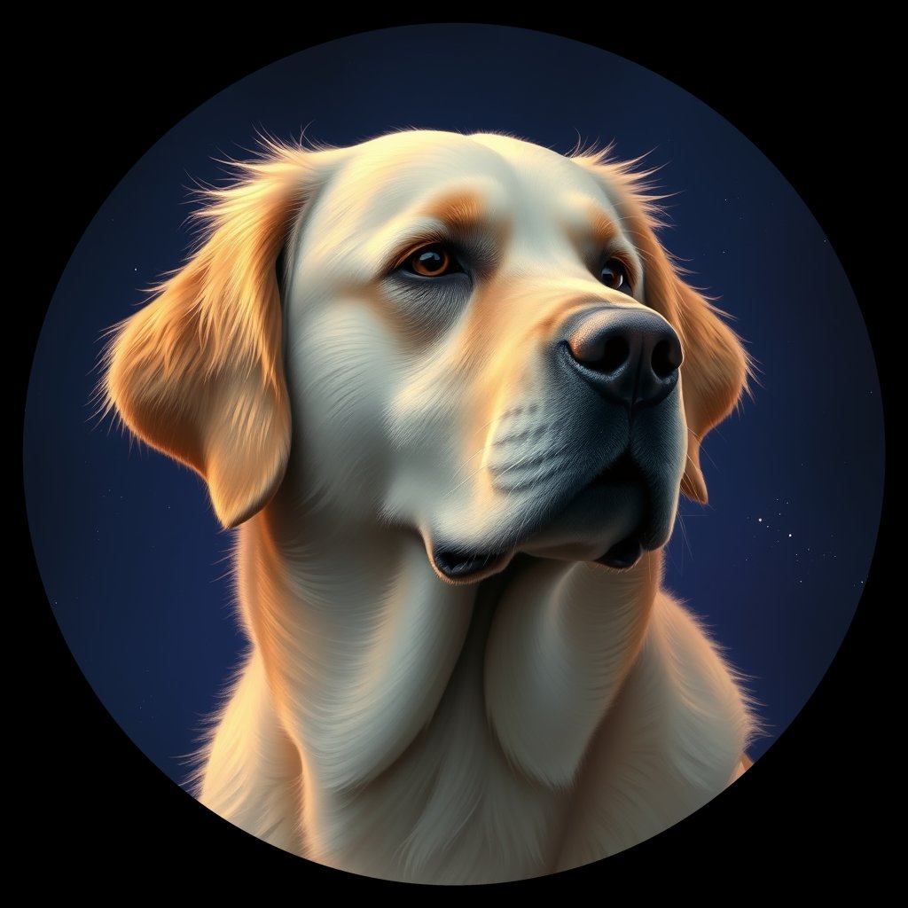 Cosmic medallion portrait of GRLS_grlsJR9FJ7OO, a Golden Retriever