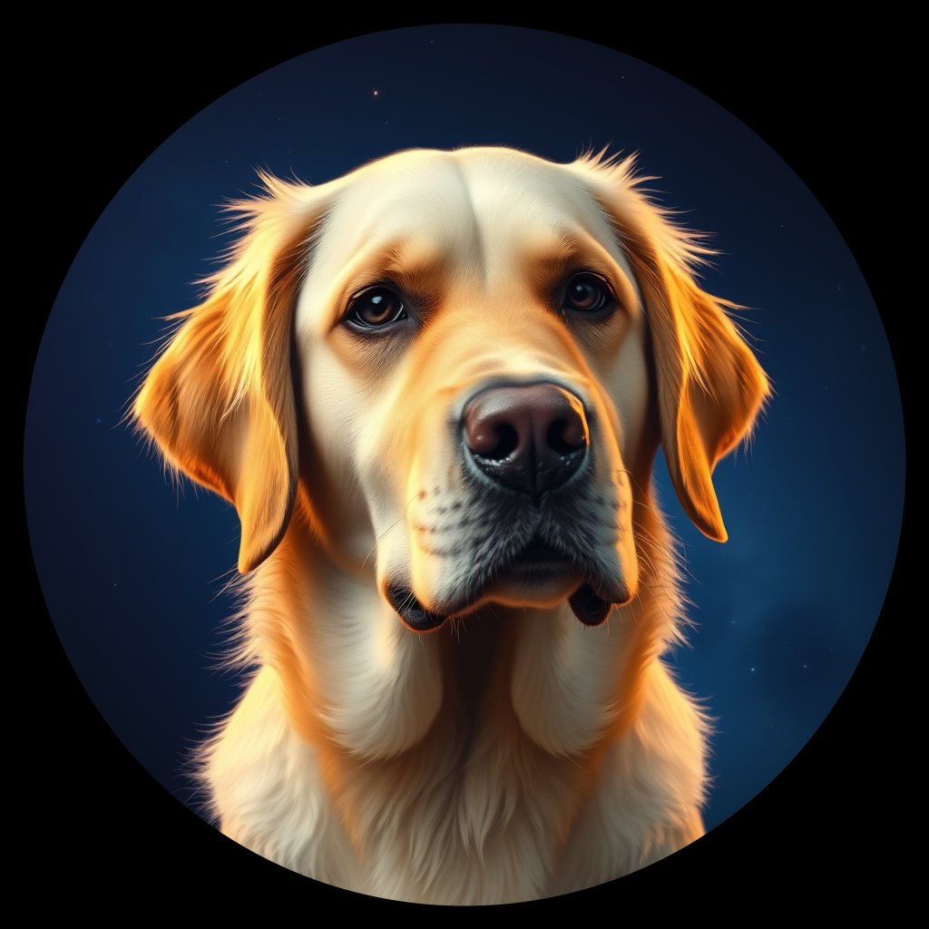 Cosmic medallion portrait of GRLS_grlsJS60YMLL, a Golden Retriever