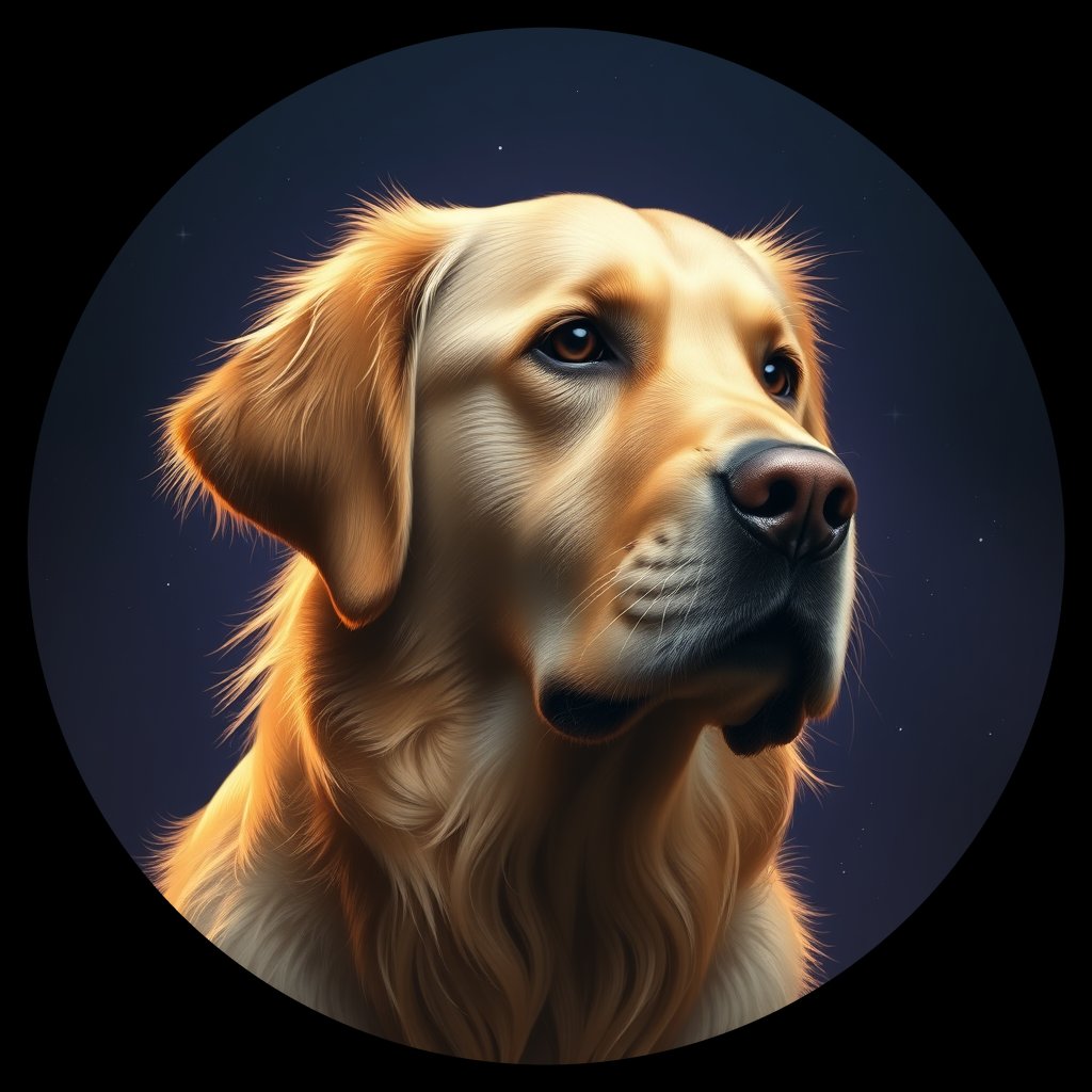 Cosmic medallion portrait of GRLS_grlsJT30XRUU, a Golden Retriever