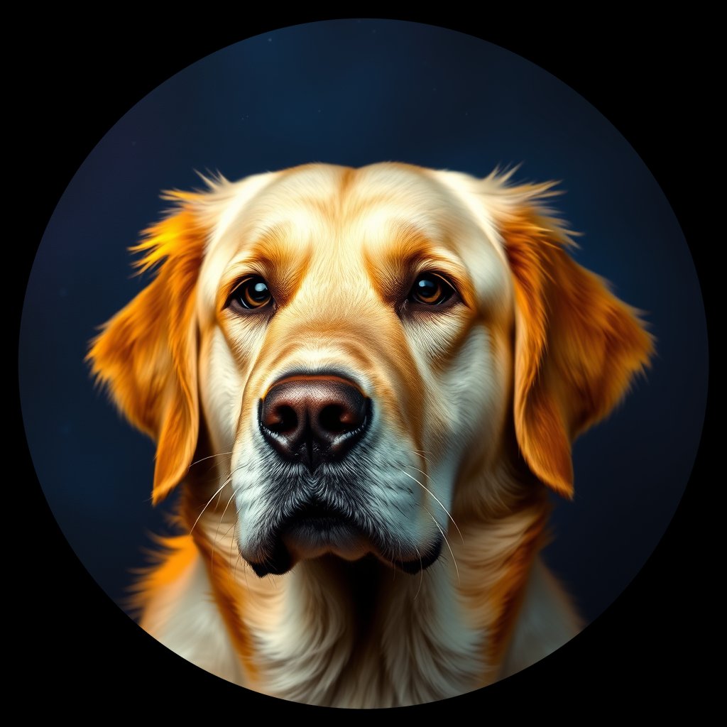 Cosmic medallion portrait of GRLS_grlsJTJ5IIMM, a Golden Retriever