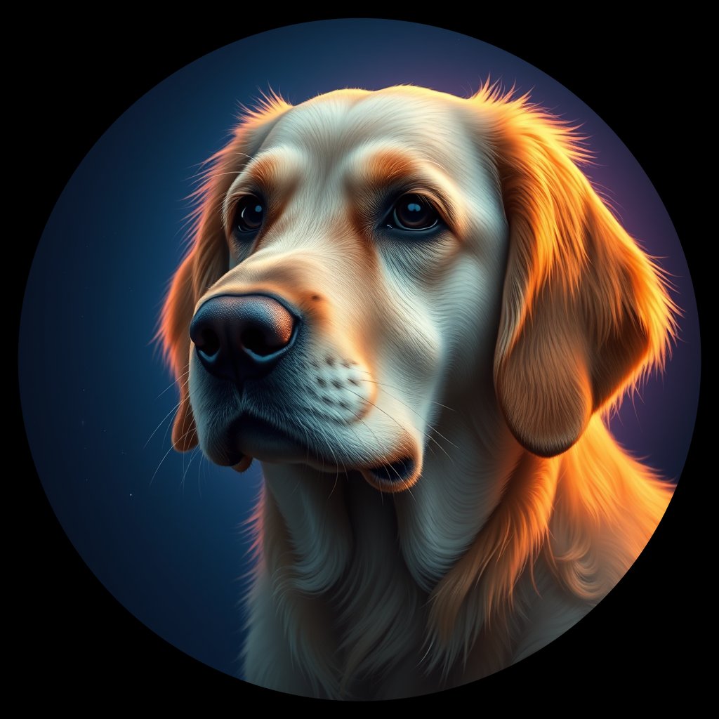 Cosmic medallion portrait of GRLS_grlsJX4I57SS, a Golden Retriever