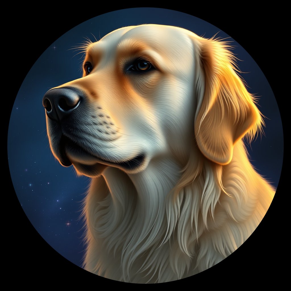 Cosmic medallion portrait of GRLS_grlsJZZZLQ33, a Golden Retriever