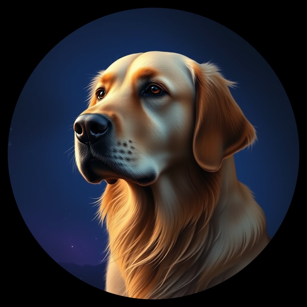 Cosmic medallion portrait of GRLS_grlsK0FBKZ11, a Golden Retriever