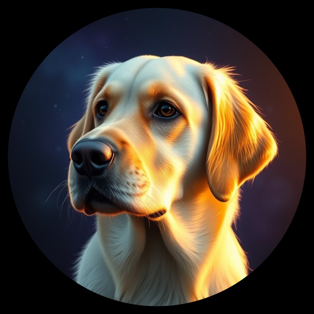 Cosmic medallion portrait of GRLS_grlsK0IKLM, a Golden Retriever