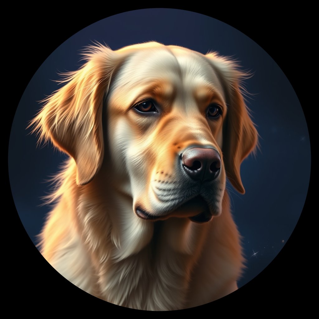 Cosmic medallion portrait of GRLS_grlsK1SQLTTT, a Golden Retriever