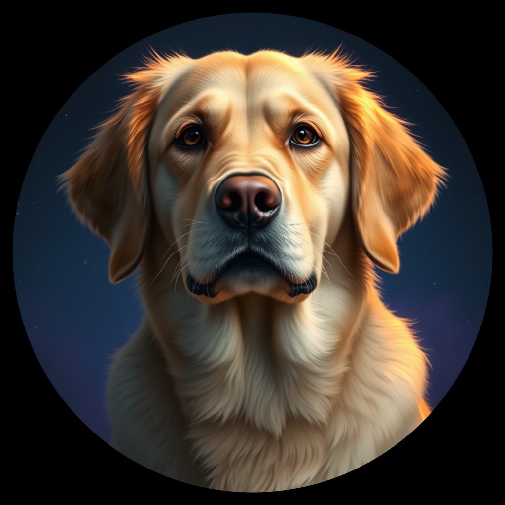 Cosmic medallion portrait of GRLS_grlsK4YY7YRR, a Golden Retriever