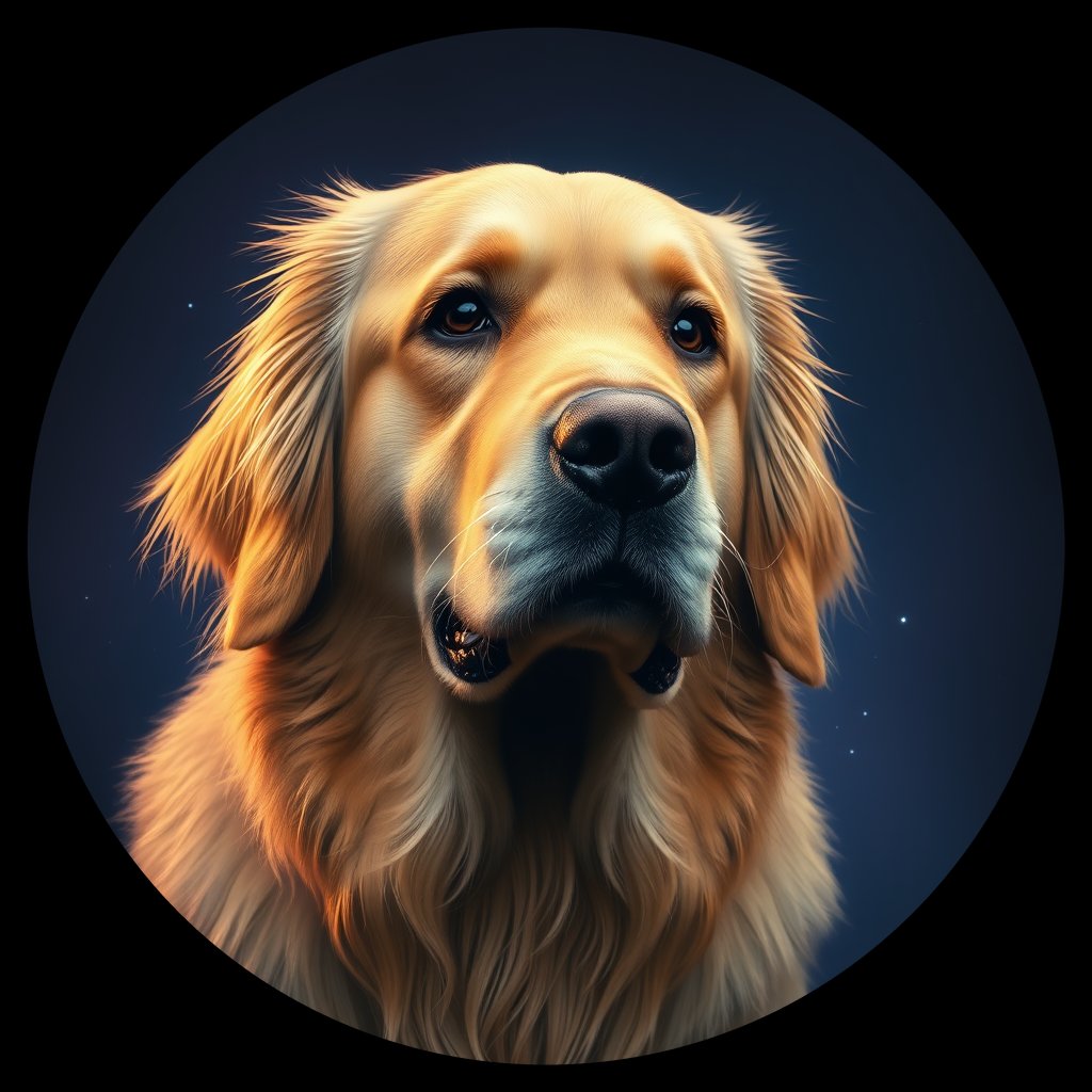 Cosmic medallion portrait of GRLS_grlsK52ZI955, a Golden Retriever