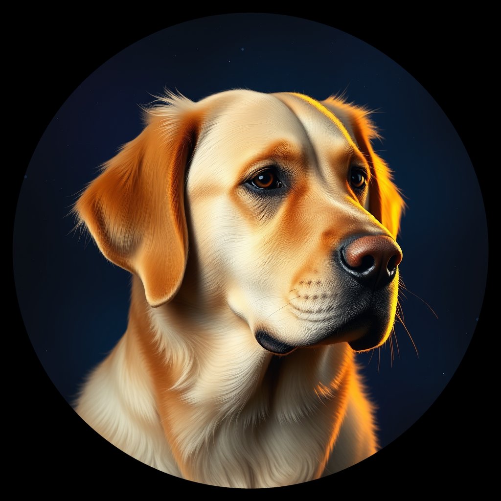 Cosmic medallion portrait of GRLS_grlsK604SFEE, a Golden Retriever
