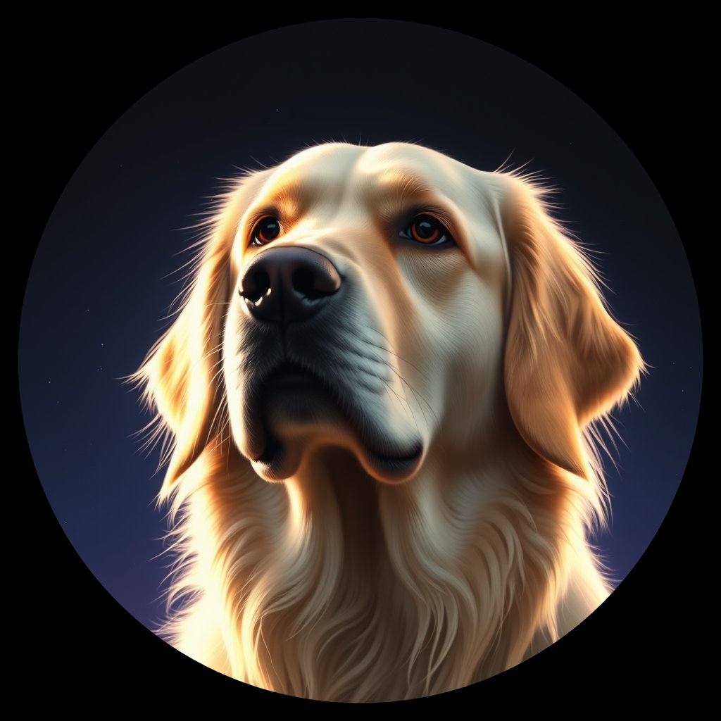 Cosmic medallion portrait of GRLS_grlsK7SQKOAA, a Golden Retriever