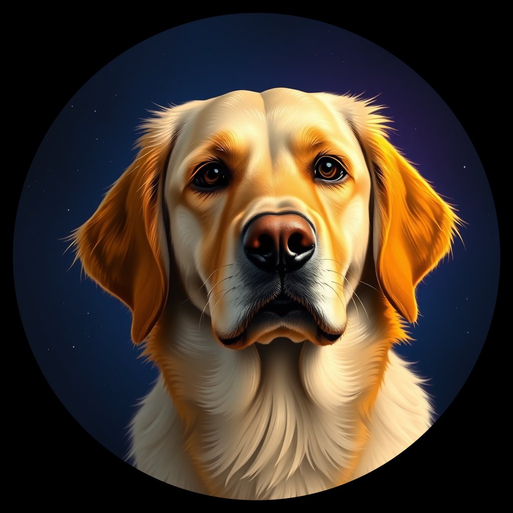 Cosmic medallion portrait of GRLS_grlsK84M6ENN, a Golden Retriever