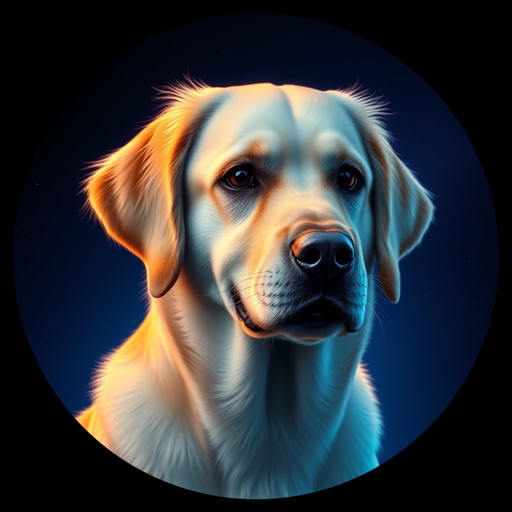 Cosmic medallion portrait of GRLS_grlsKBPBMGUU, a Golden Retriever