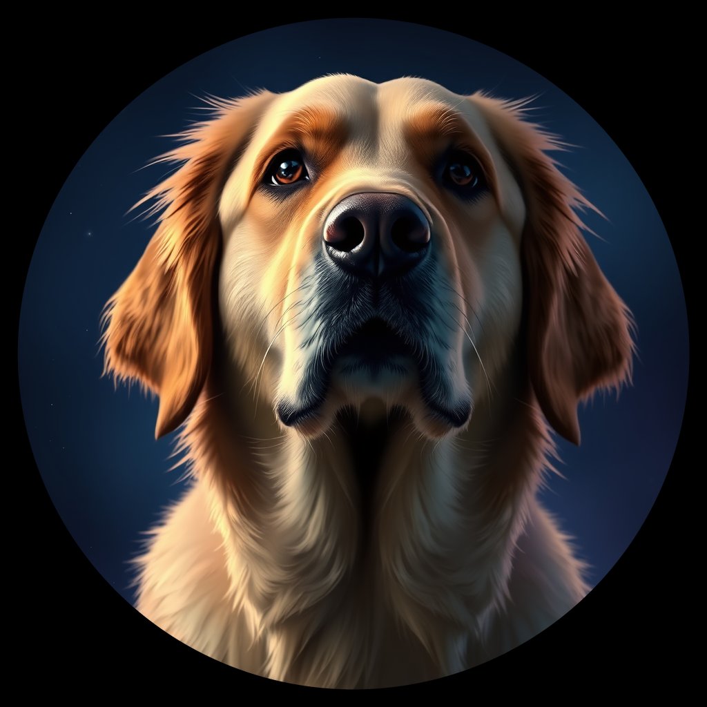 Cosmic medallion portrait of GRLS_grlsKCRLVIKK, a Golden Retriever