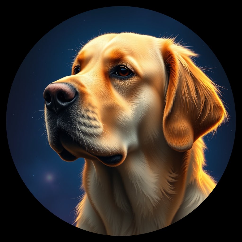 Cosmic medallion portrait of GRLS_grlsKF3PSOSS, a Golden Retriever