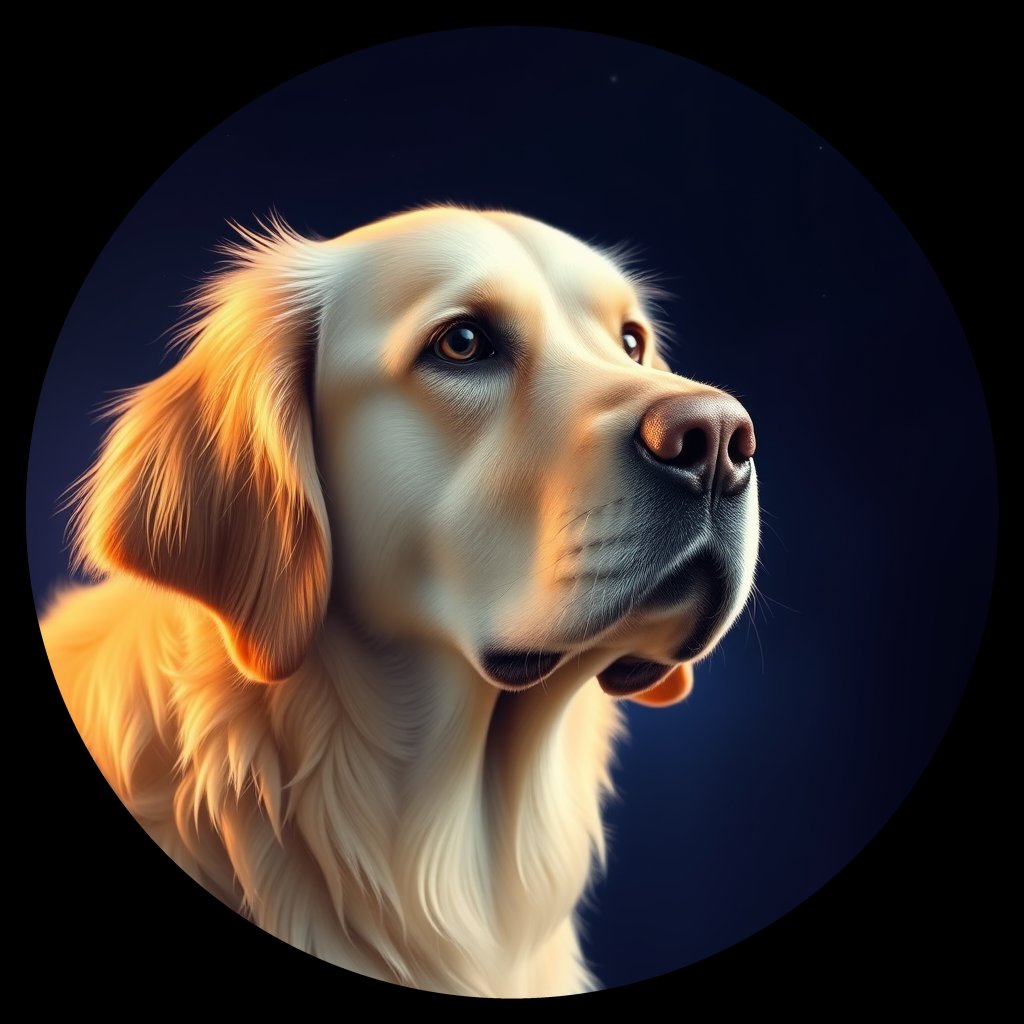 Cosmic medallion portrait of GRLS_grlsKFJ2QCJJ, a Golden Retriever