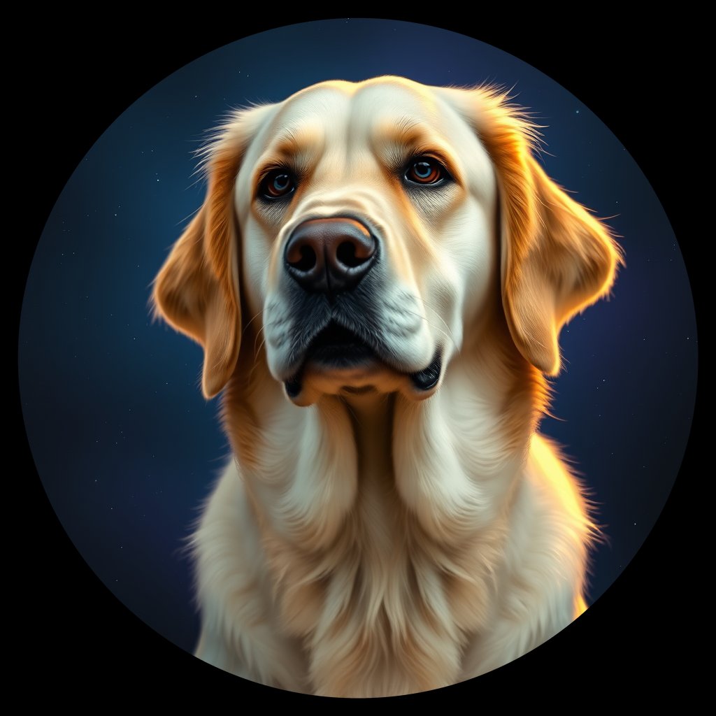 Cosmic medallion portrait of GRLS_grlsKMWCZ366, a Golden Retriever