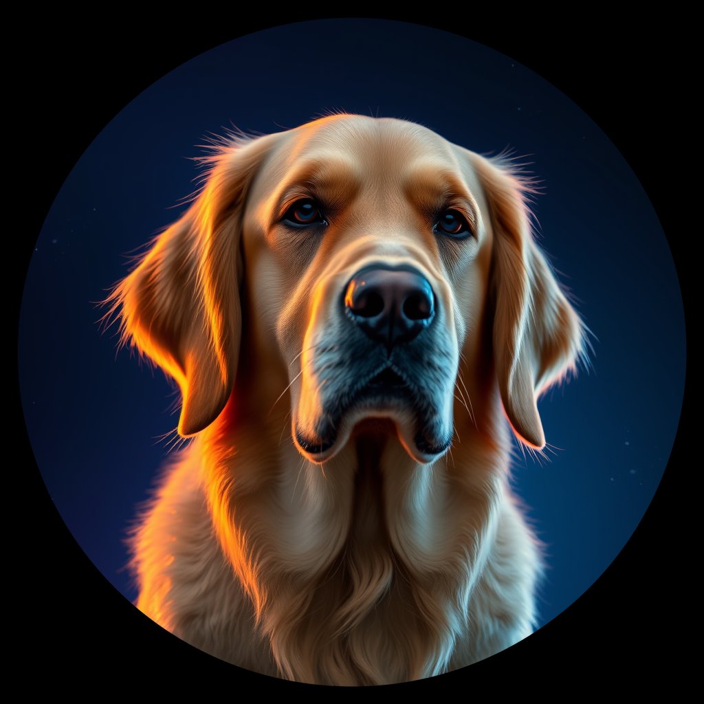 Cosmic medallion portrait of GRLS_grlsKN18HQ44, a Golden Retriever