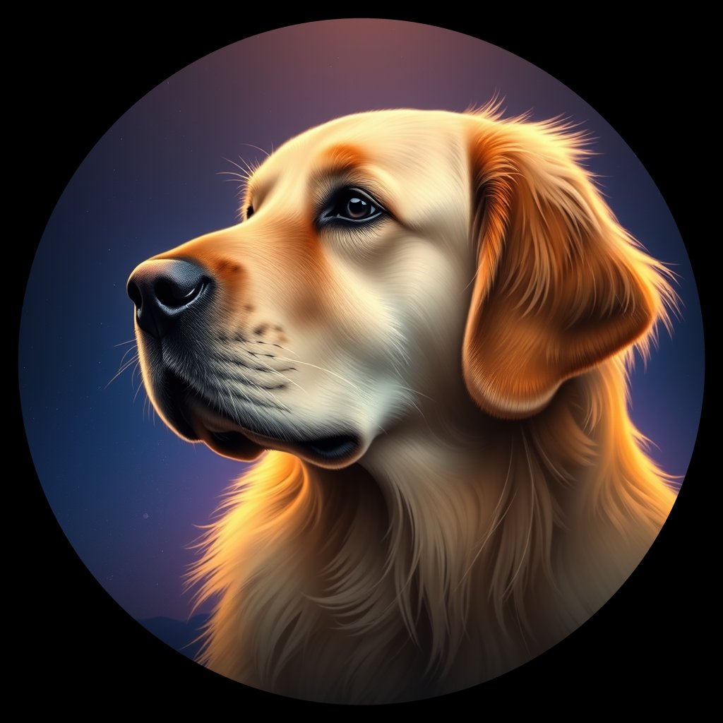 Cosmic medallion portrait of GRLS_grlsKOORUGEE, a Golden Retriever