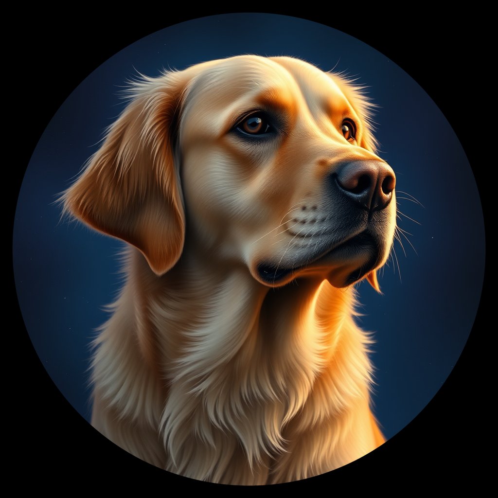 Cosmic medallion portrait of GRLS_grlsKRQ2F4FF, a Golden Retriever