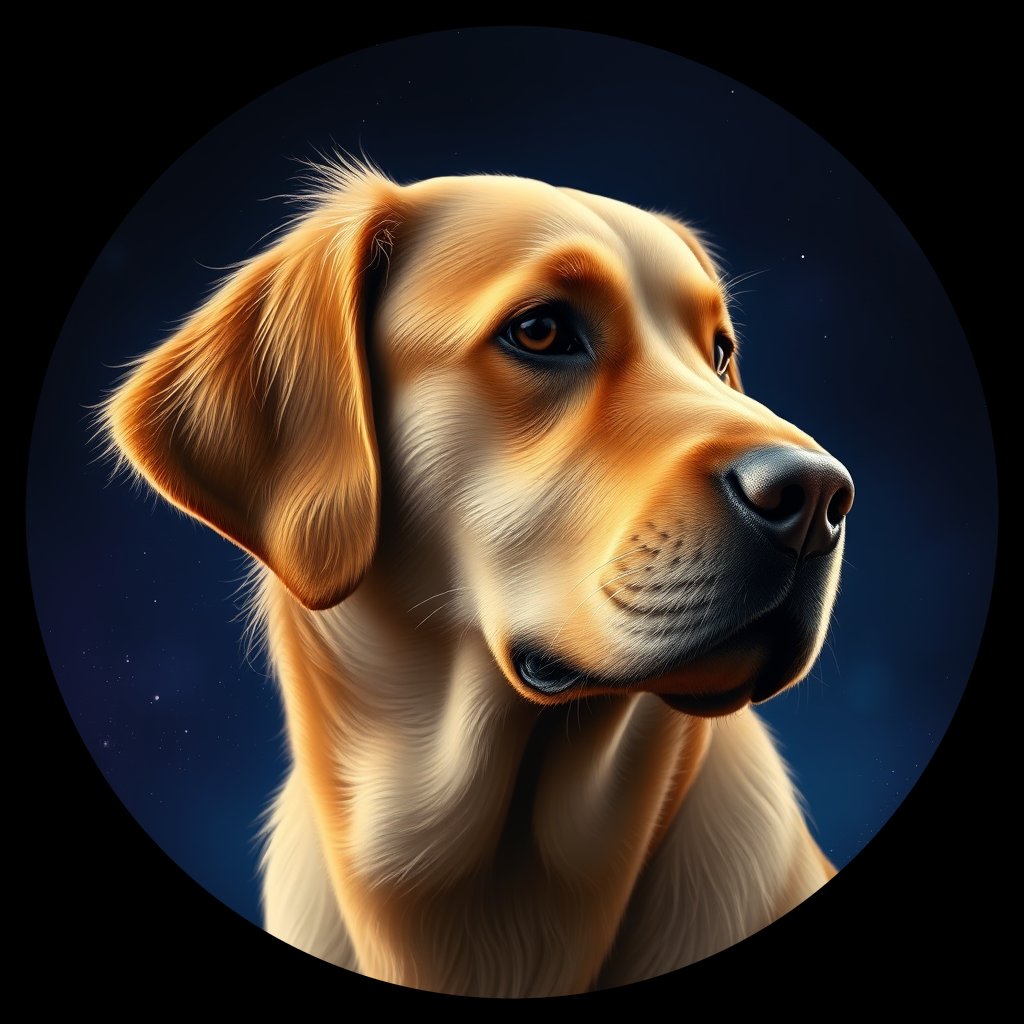 Cosmic medallion portrait of GRLS_grlsKRRYGSSS, a Golden Retriever