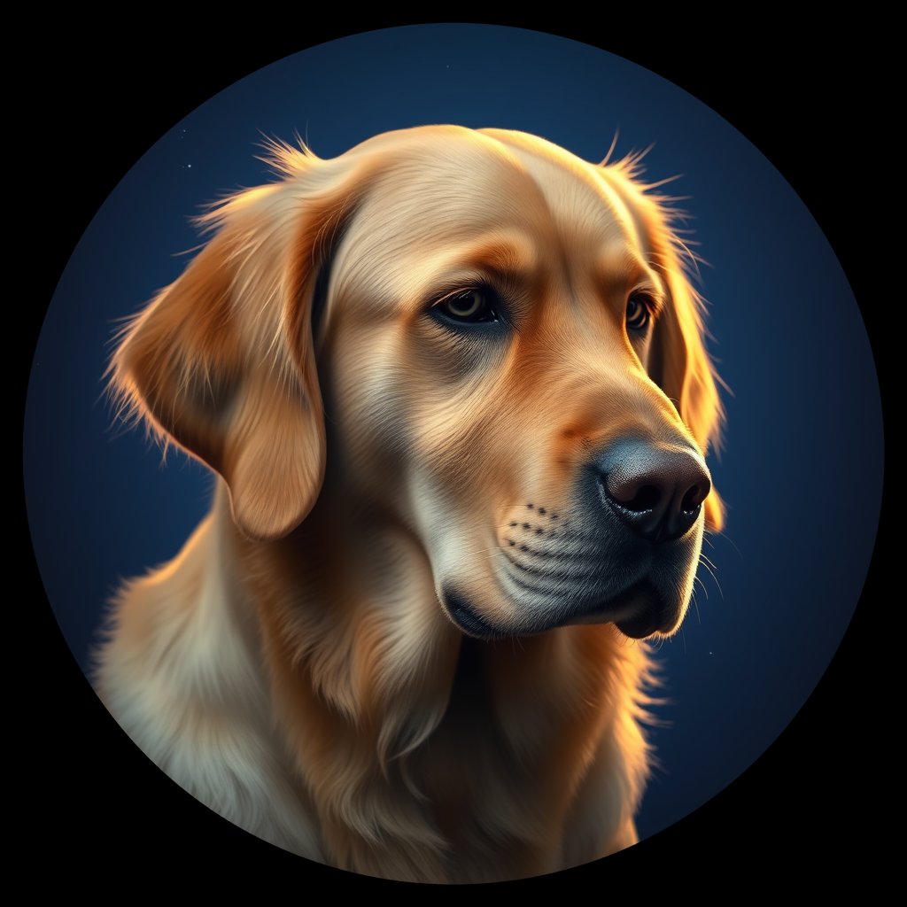 Cosmic medallion portrait of GRLS_grlsKS0TR99, a Golden Retriever