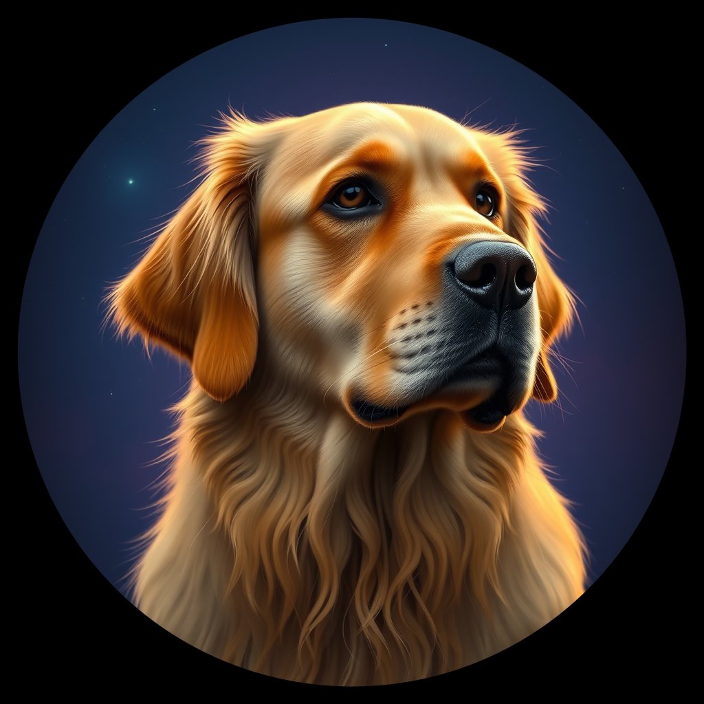 Cosmic medallion portrait of GRLS_grlsKSPNFT22, a Golden Retriever